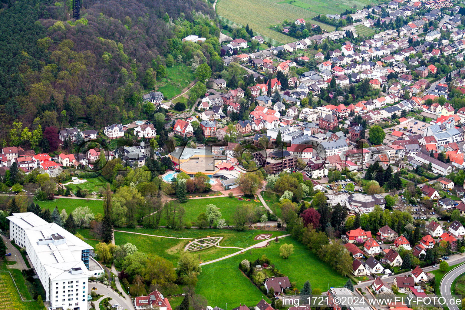 Vue aérienne de Station thermale et parc thermal des thermes Südpfalz Therme et de la clinique spécialisée Edith Stein en neurologie à Bad Bergzabern dans le département Rhénanie-Palatinat, Allemagne