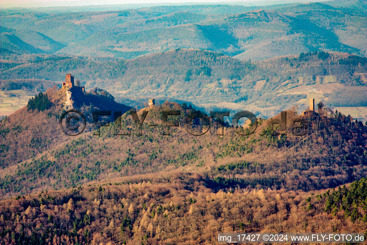 Vue aérienne de Le complexe du château de Reichsburg Trifels entouré par la forêt à Annweiler am Trifels dans le département Rhénanie-Palatinat, Allemagne