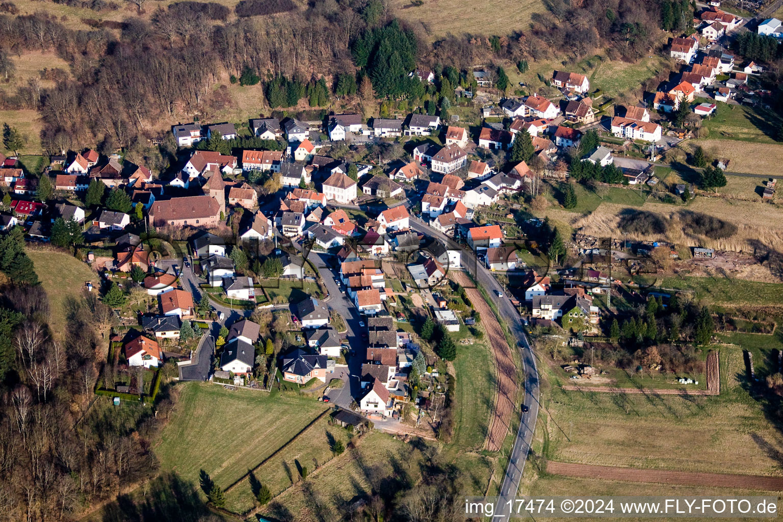 Vue aérienne de Champs agricoles et surfaces utilisables à Niederschlettenbach dans le département Rhénanie-Palatinat, Allemagne