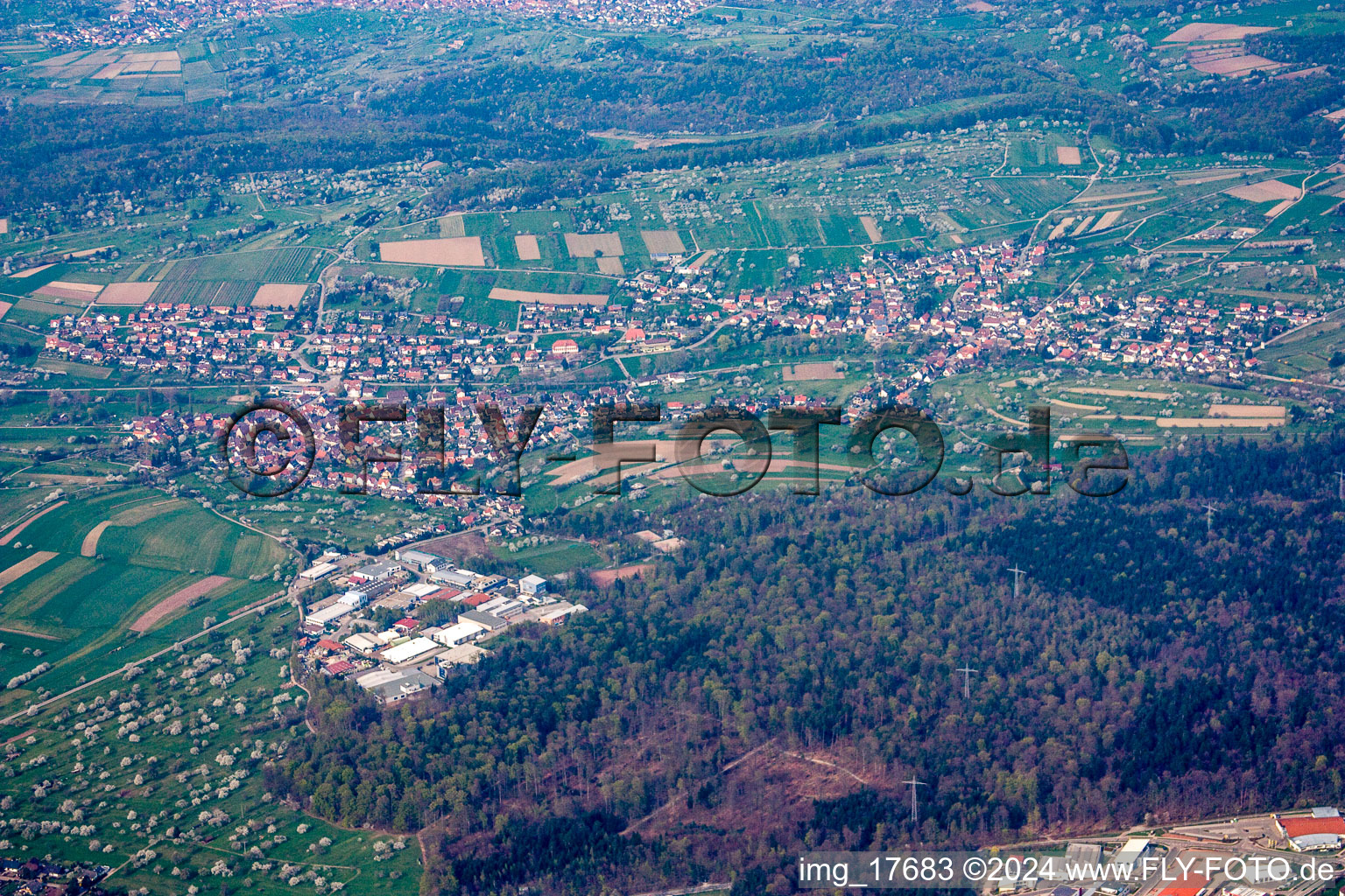 Vue aérienne de Du sud au printemps avec des arbres fruitiers en fleurs à le quartier Gräfenhausen in Birkenfeld dans le département Bade-Wurtemberg, Allemagne