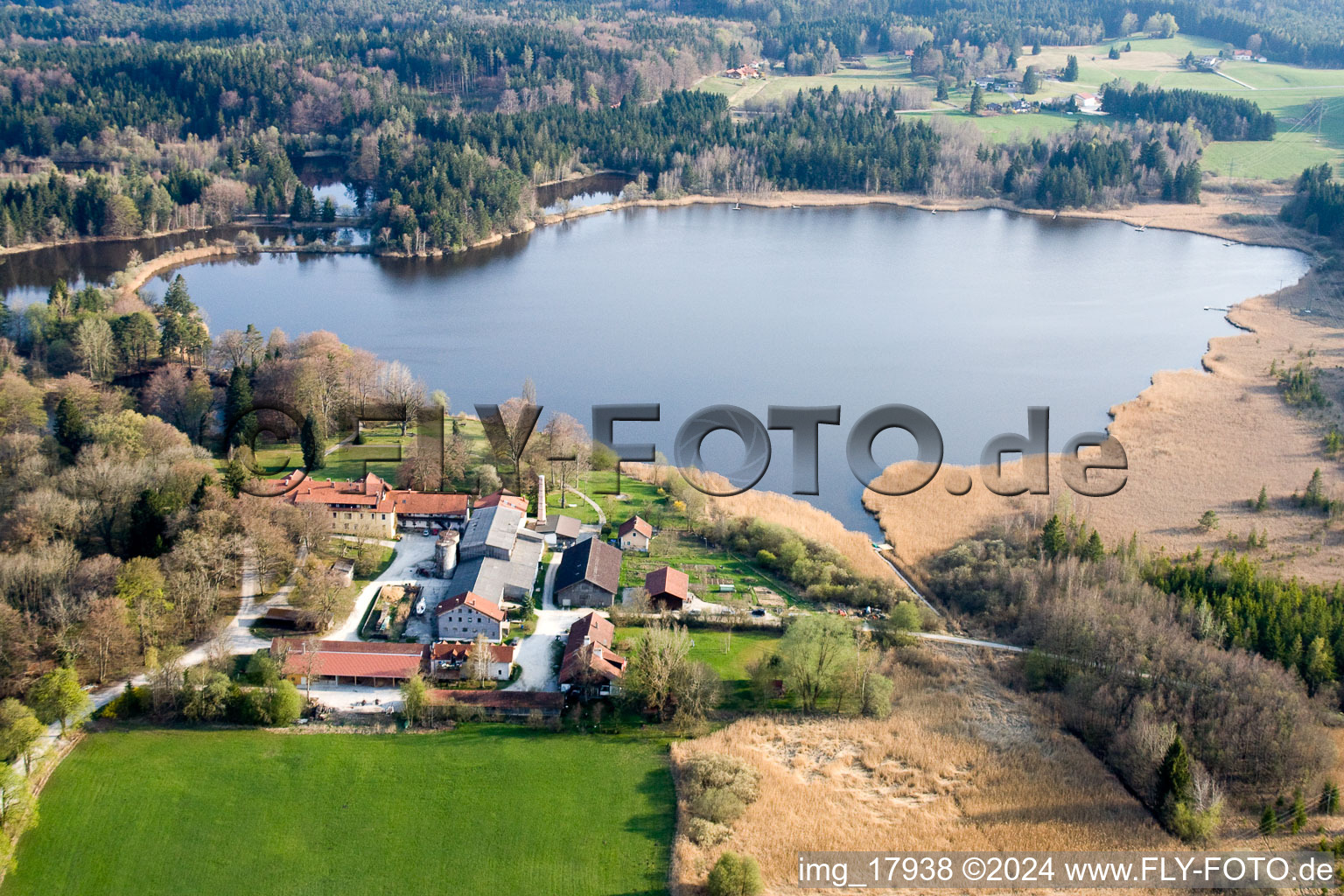 Vue aérienne de Zones riveraines de la zone du lac du Deixelfurter Weiher à Tutzing dans le département Bavière, Allemagne