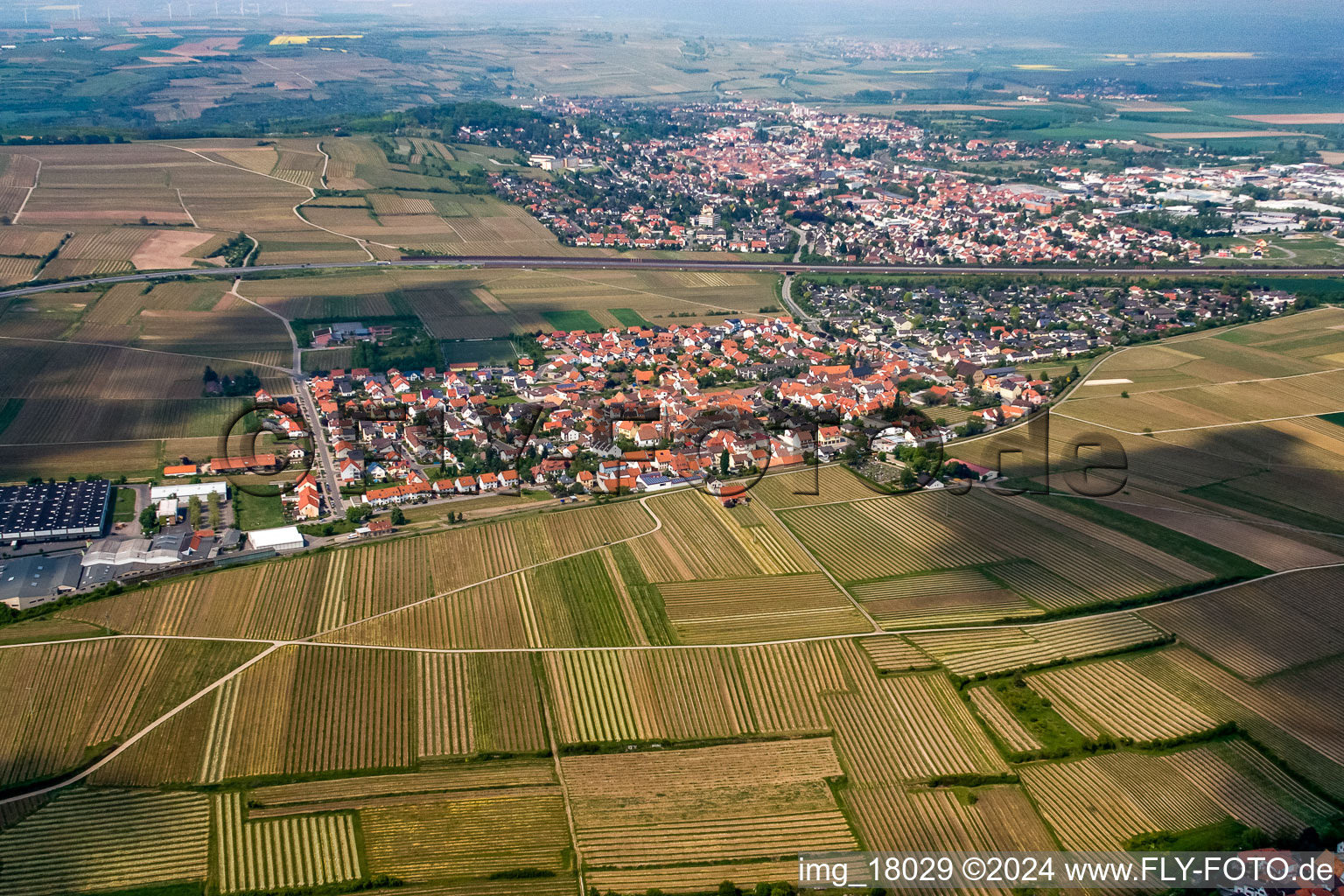 Vue aérienne de Champs agricoles et surfaces utilisables à le quartier Sausenheim in Grünstadt dans le département Rhénanie-Palatinat, Allemagne