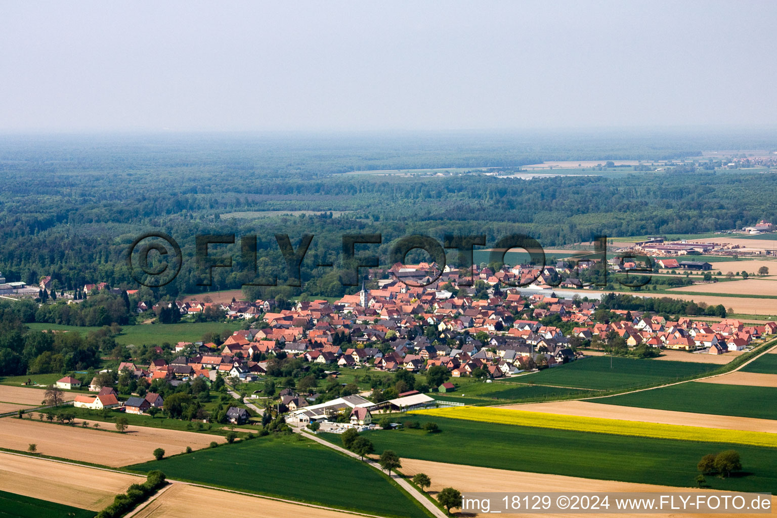 Vue d'oiseau de Niederrœdern dans le département Bas Rhin, France