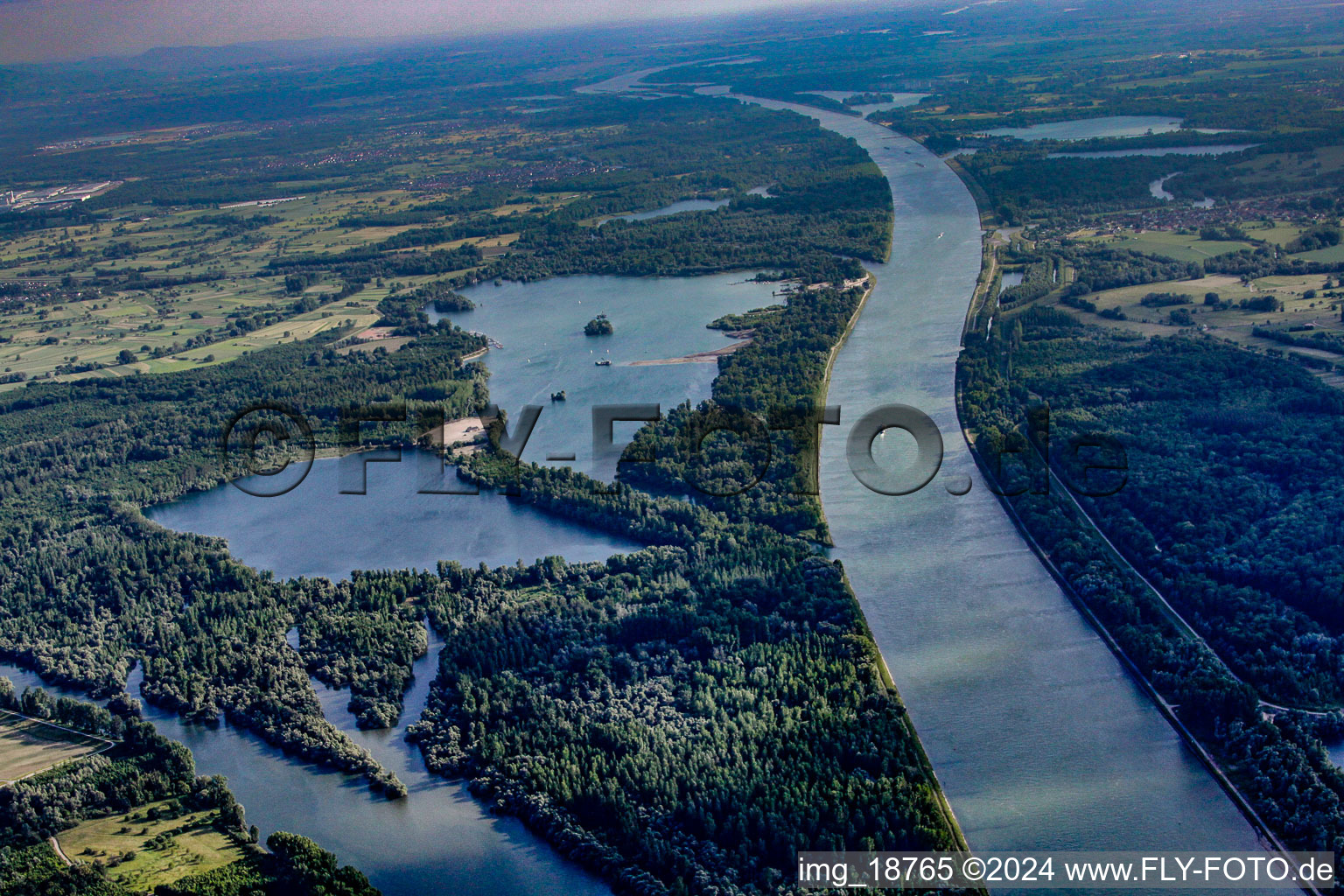 Vue aérienne de Zones riveraines de la voie navigable fluviale du Rhin sur le Canal de l'Or à Elchesheim-Illingen dans le département Bade-Wurtemberg, Allemagne