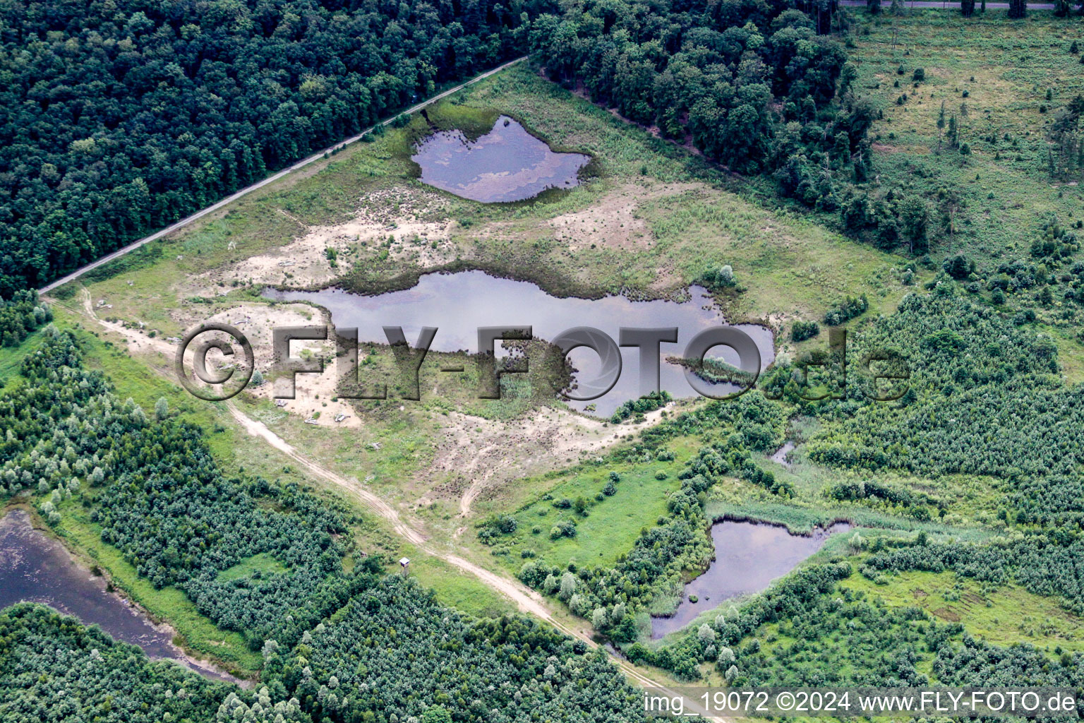 Vue aérienne de Rives d'une ancienne mine à ciel ouvert inondée et lac de renaturation en Forêt de Haguenau à Kesseldorf dans le département Bas Rhin, France