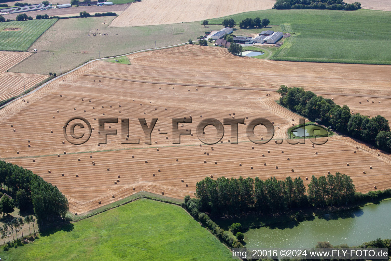 Vue aérienne de Structures de champs de céréales à Melleray dans le département Sarthe, France