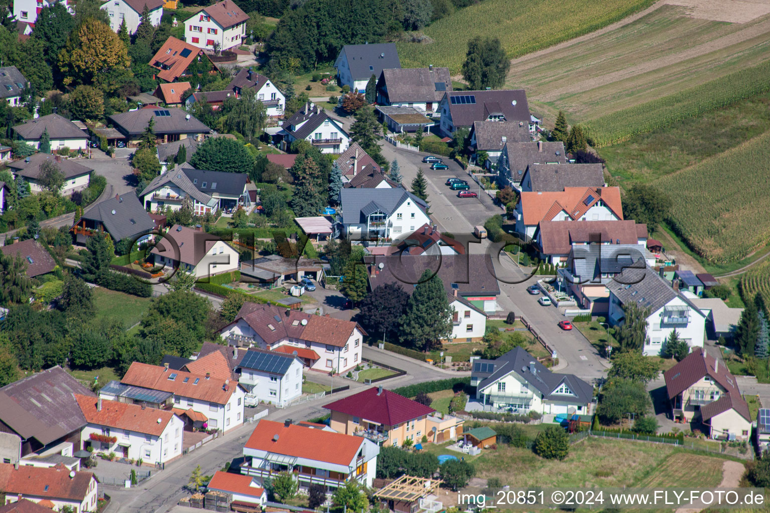 Vue aérienne de Garden Street depuis le sud à le quartier Sand in Willstätt dans le département Bade-Wurtemberg, Allemagne