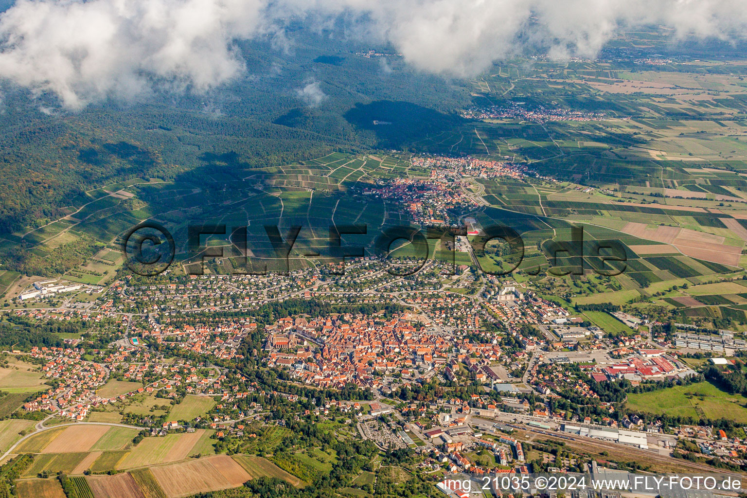 Vue aérienne de Vue de la ville face aux vignobles du Sonnenberg, des rues et des maisons des quartiers résidentiels à Wissembourg dans le département Bas Rhin, France