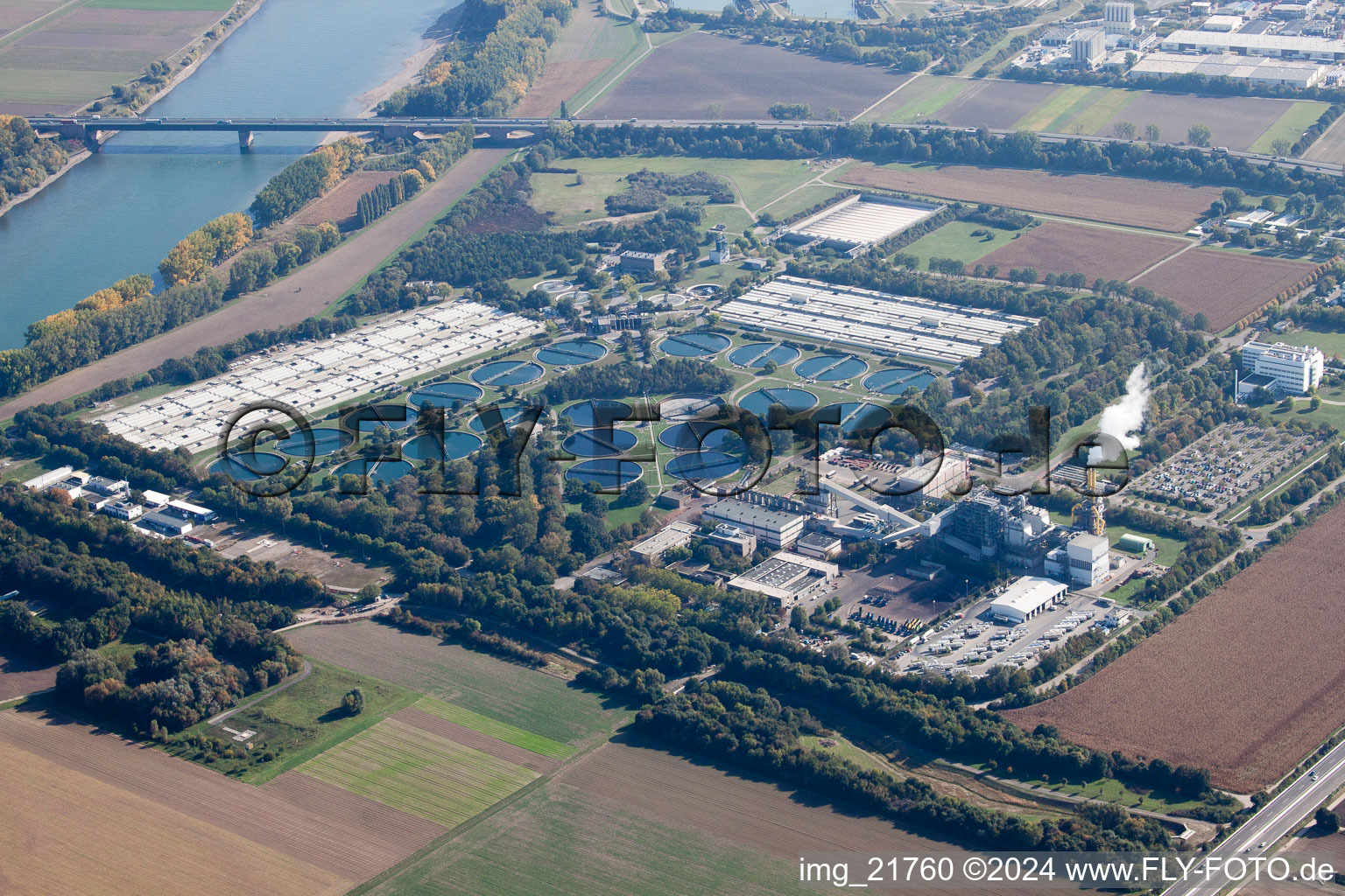 Vue aérienne de Bassins de station d'épuration et étapes de nettoyage pour le traitement des eaux usées Station d'épuration BASF sur le Rhin (Palatinat) à le quartier Mörsch in Frankenthal dans le département Rhénanie-Palatinat, Allemagne