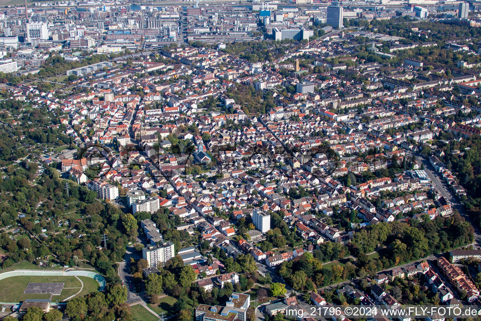 Vue aérienne de Quartier en face de BASF dans la zone urbaine à le quartier Friesenheim in Ludwigshafen am Rhein dans le département Rhénanie-Palatinat, Allemagne