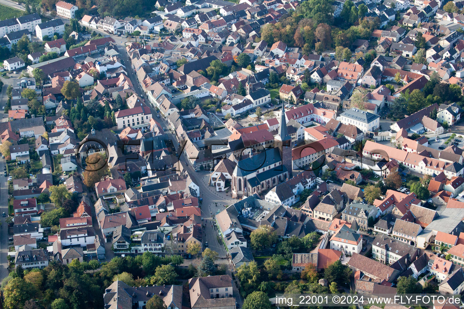 Vue aérienne de Bâtiment de l'église Église paroissiale Saint-Ulrich dans le vieux centre-ville du centre-ville à Deidesheim dans le département Rhénanie-Palatinat, Allemagne