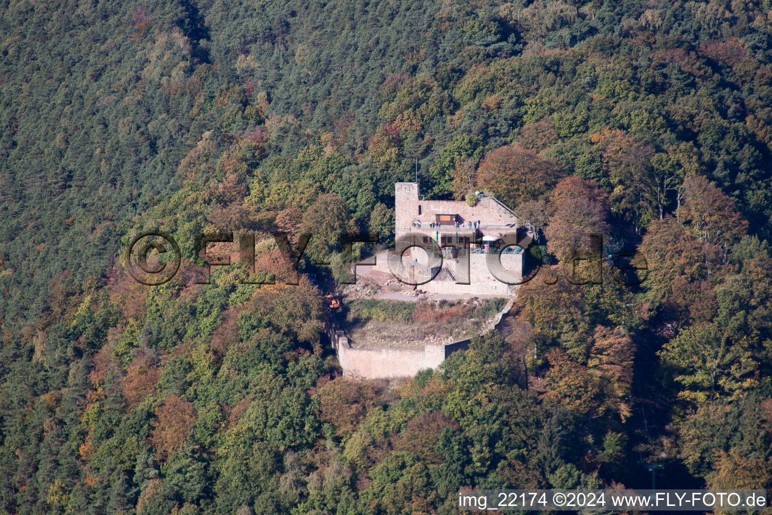 Vue aérienne de Ruines et vestiges des murs de l'ancien complexe du château et de la forteresse de Rietburg à Rhodt unter Rietburg dans le département Rhénanie-Palatinat, Allemagne