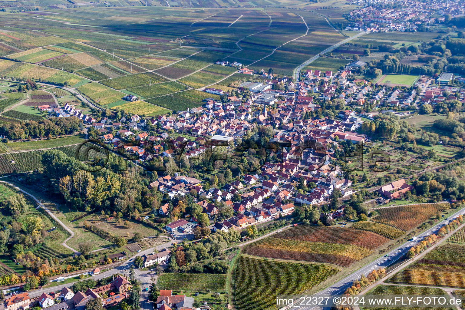 Vue aérienne de Vue des rues et des maisons des quartiers résidentiels à Siebeldingen dans le département Rhénanie-Palatinat, Allemagne