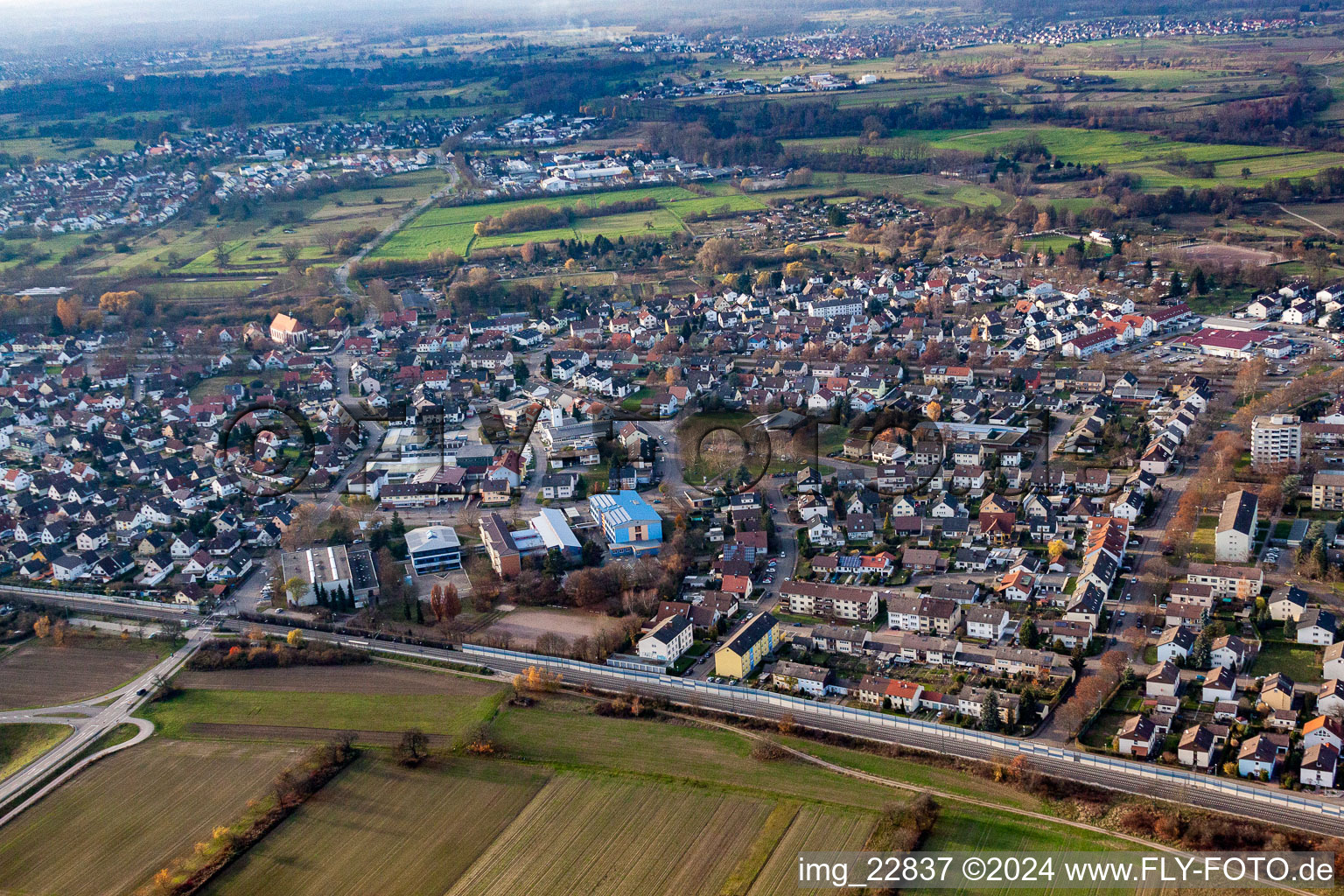 Vue aérienne de Salle de sport Hardt, école secondaire à Durmersheim dans le département Bade-Wurtemberg, Allemagne