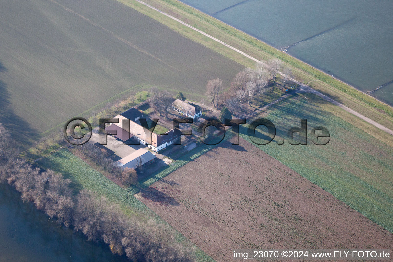 Vue aérienne de Maxau, Hofgut à le quartier Knielingen in Karlsruhe dans le département Bade-Wurtemberg, Allemagne