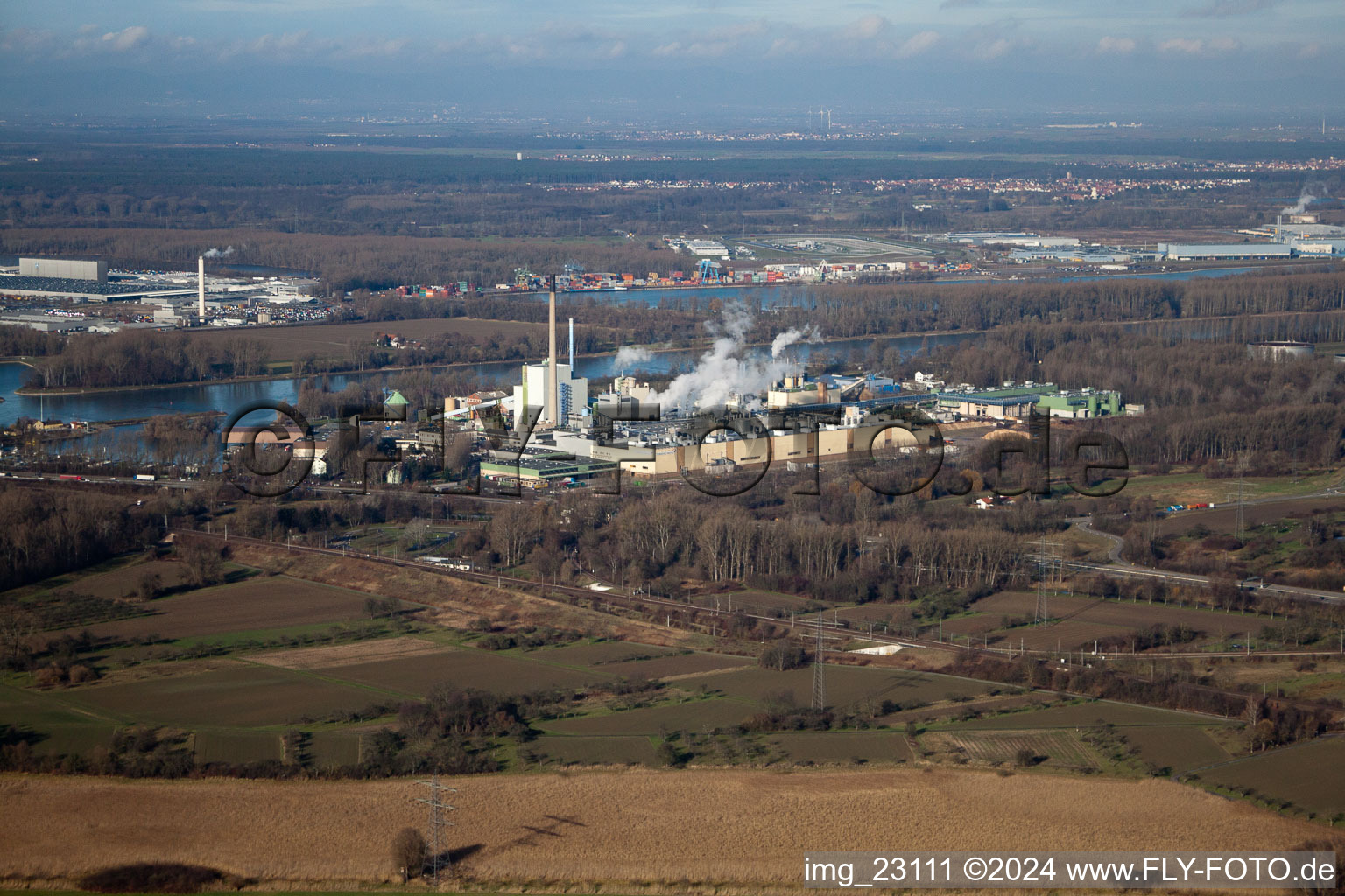 Vue aérienne de Maxau, Stora Enso de l'est à le quartier Knielingen in Karlsruhe dans le département Bade-Wurtemberg, Allemagne