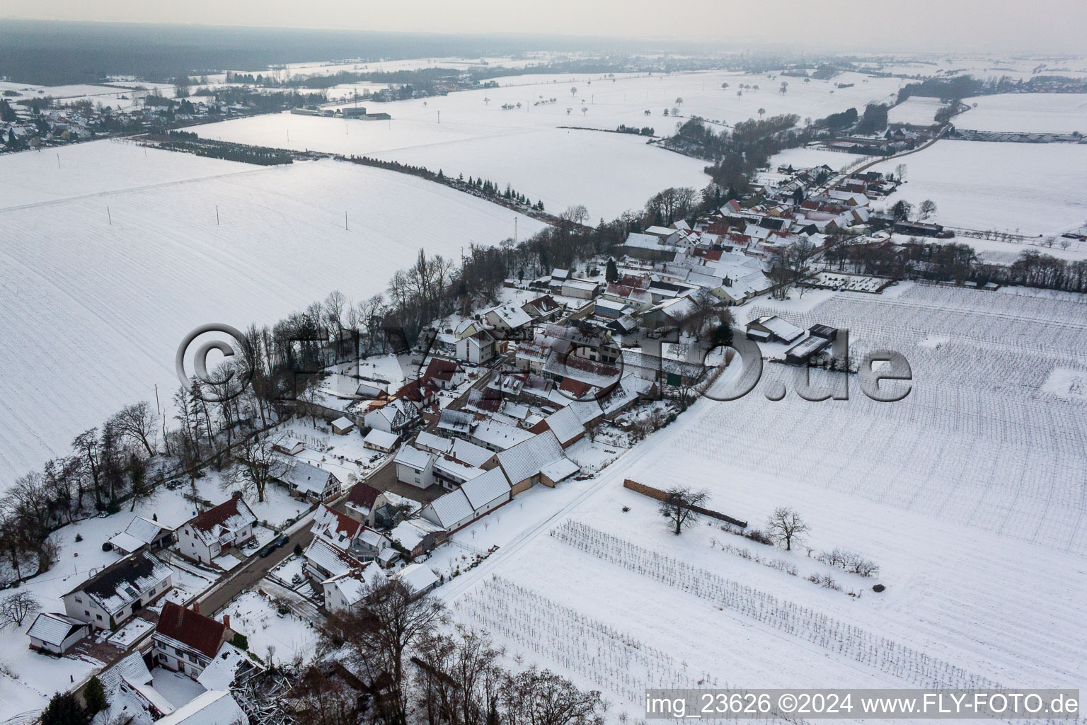 Vue aérienne de Champs agricoles et terres agricoles enneigés en hiver à Vollmersweiler dans le département Rhénanie-Palatinat, Allemagne