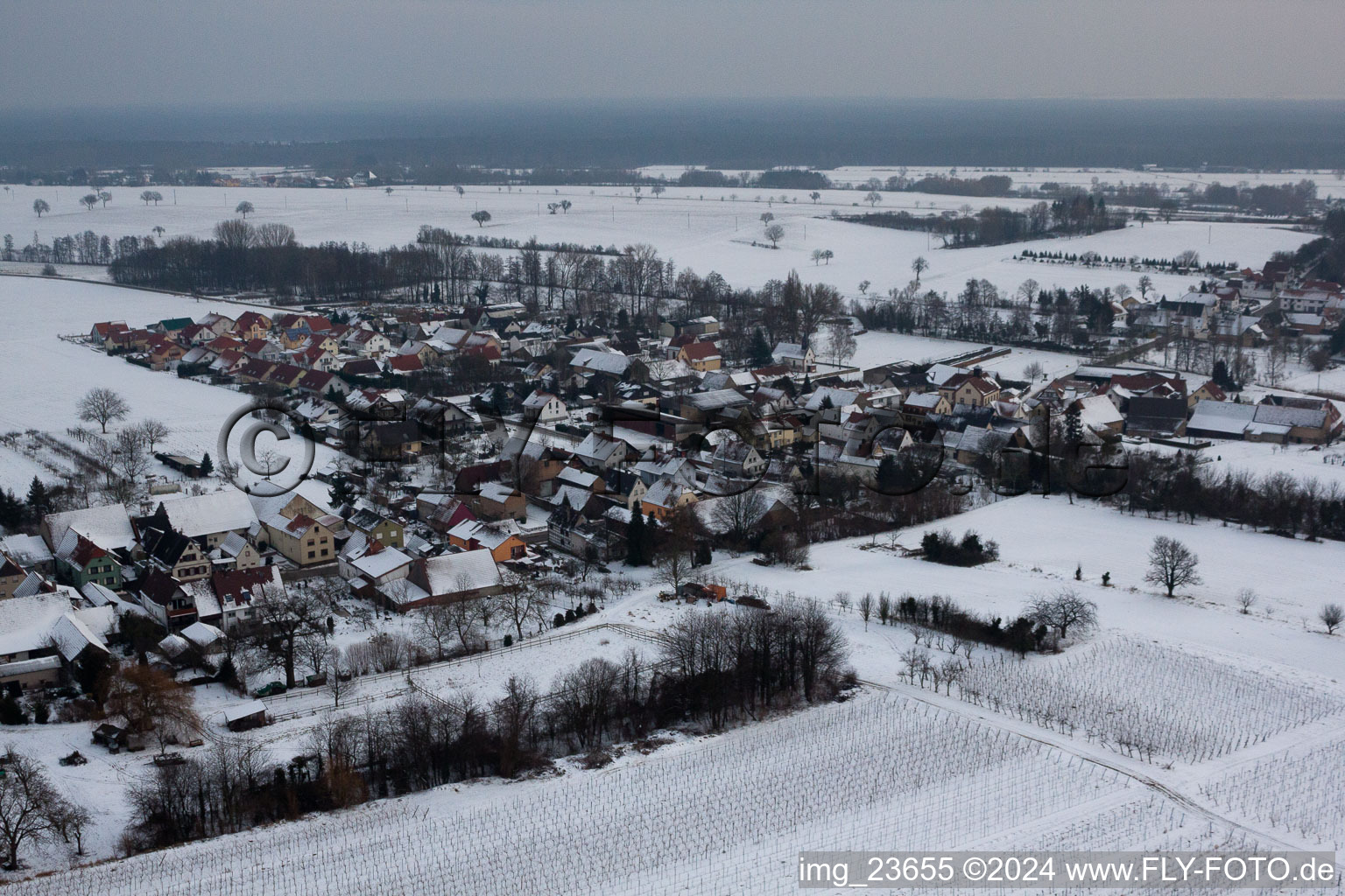 Enregistrement par drone de Dans la neige en hiver à le quartier Kleinsteinfeld in Niederotterbach dans le département Rhénanie-Palatinat, Allemagne