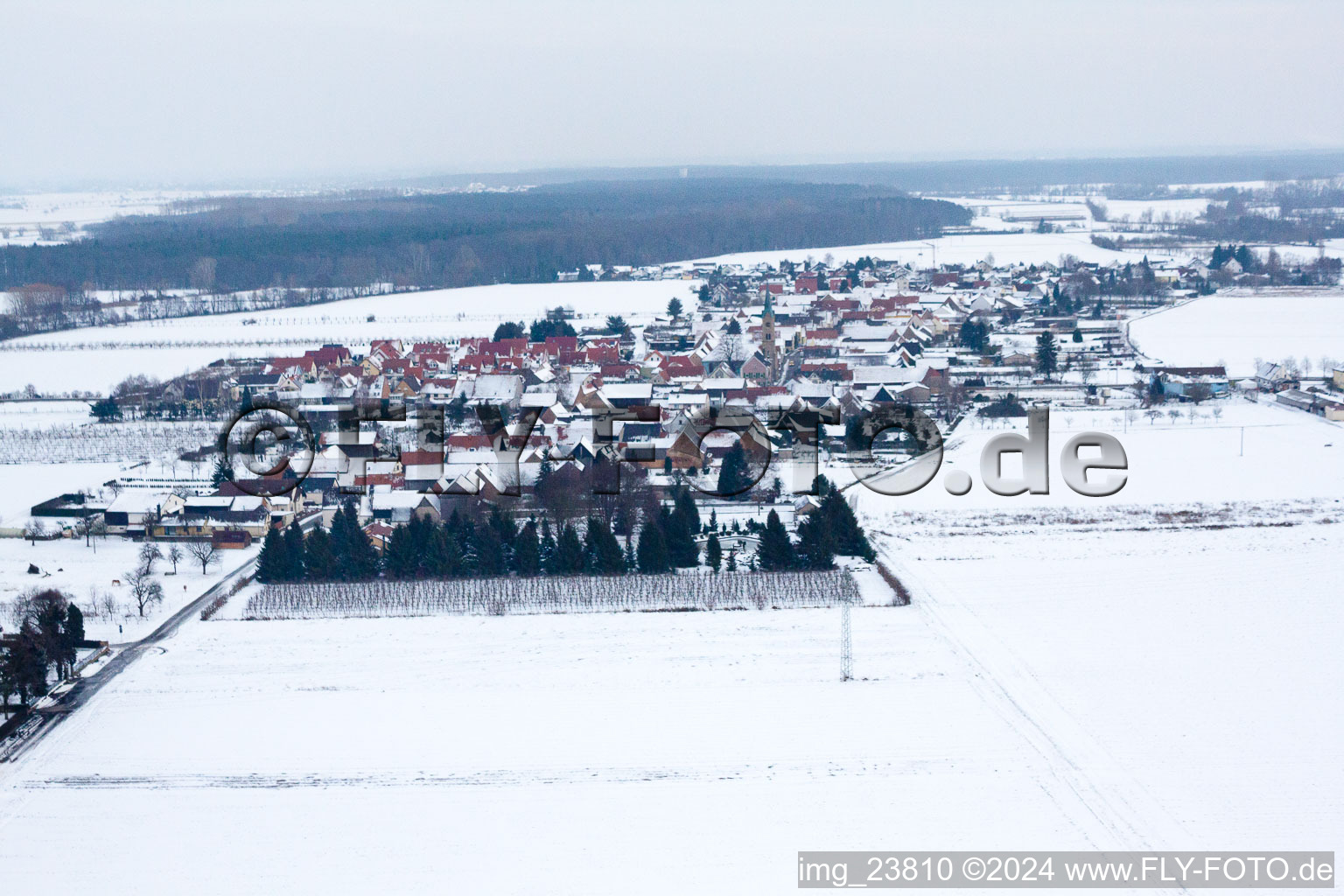 Vue aérienne de En hiver avec de la neige de l'ouest à Erlenbach bei Kandel dans le département Rhénanie-Palatinat, Allemagne