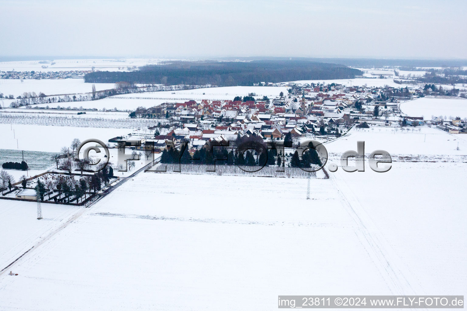 Photographie aérienne de En hiver avec de la neige de l'ouest à Erlenbach bei Kandel dans le département Rhénanie-Palatinat, Allemagne