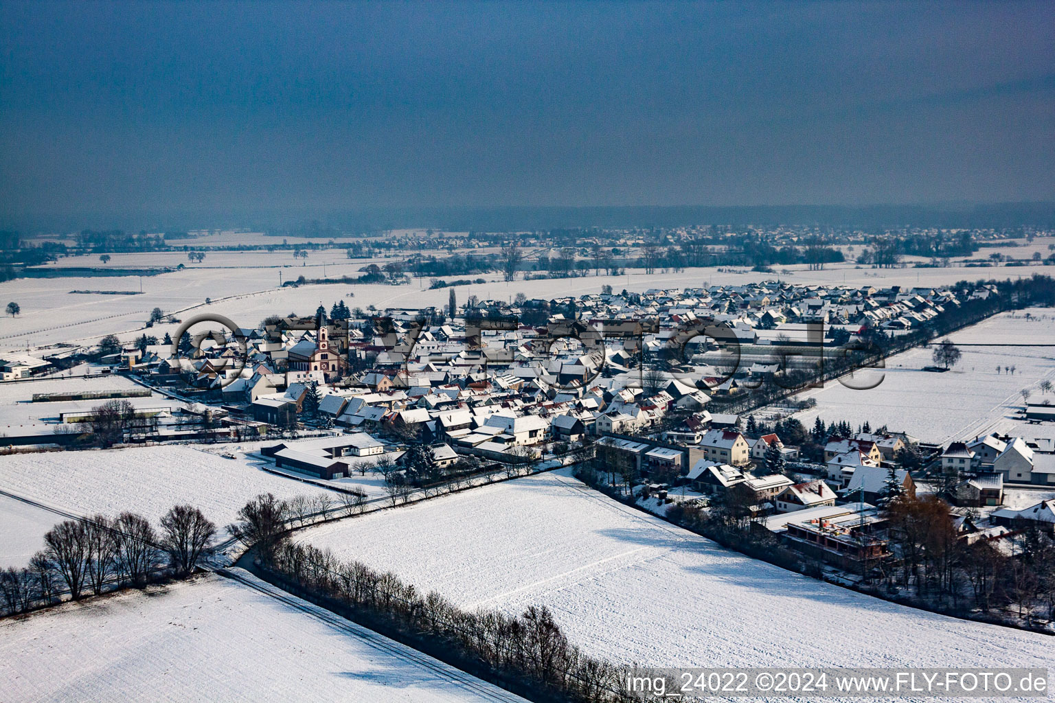 Vue aérienne de Champs agricoles et terres agricoles enneigés en hiver à Neupotz dans le département Rhénanie-Palatinat, Allemagne