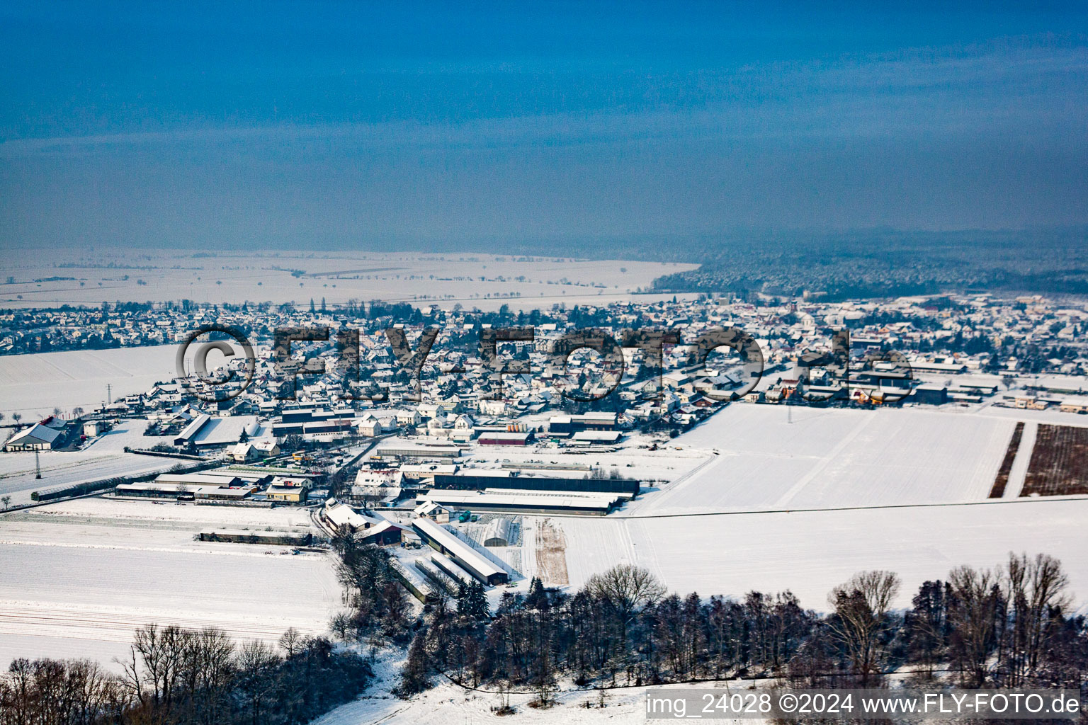 Vue aérienne de Champs agricoles et terres agricoles enneigés en hiver à Rheinzabern dans le département Rhénanie-Palatinat, Allemagne