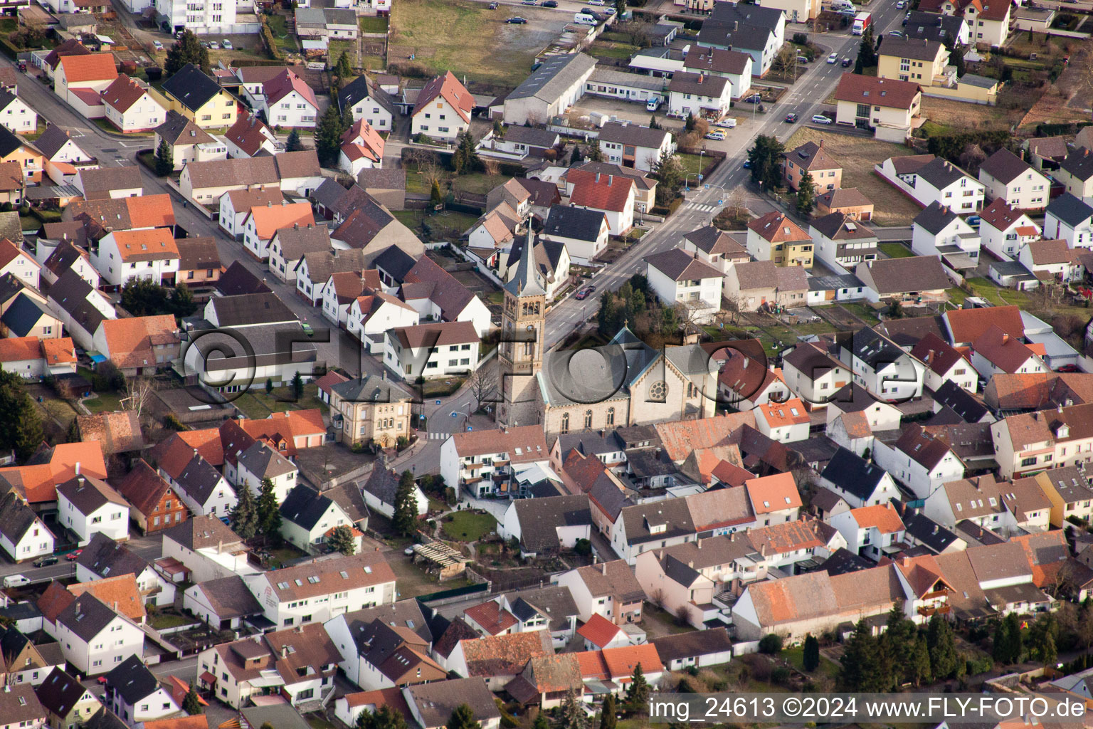 Vue aérienne de Saint Sébastien à le quartier Neuthard in Karlsdorf-Neuthard dans le département Bade-Wurtemberg, Allemagne