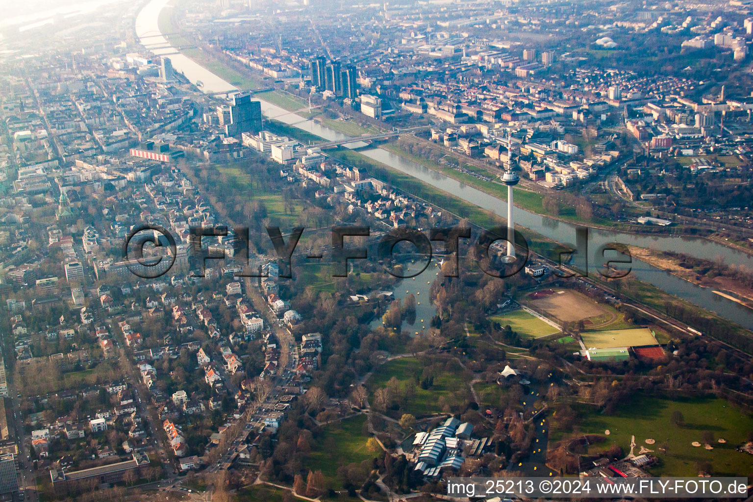 Vue aérienne de Luisenpark, tour de télécommunications à le quartier Oststadt in Mannheim dans le département Bade-Wurtemberg, Allemagne