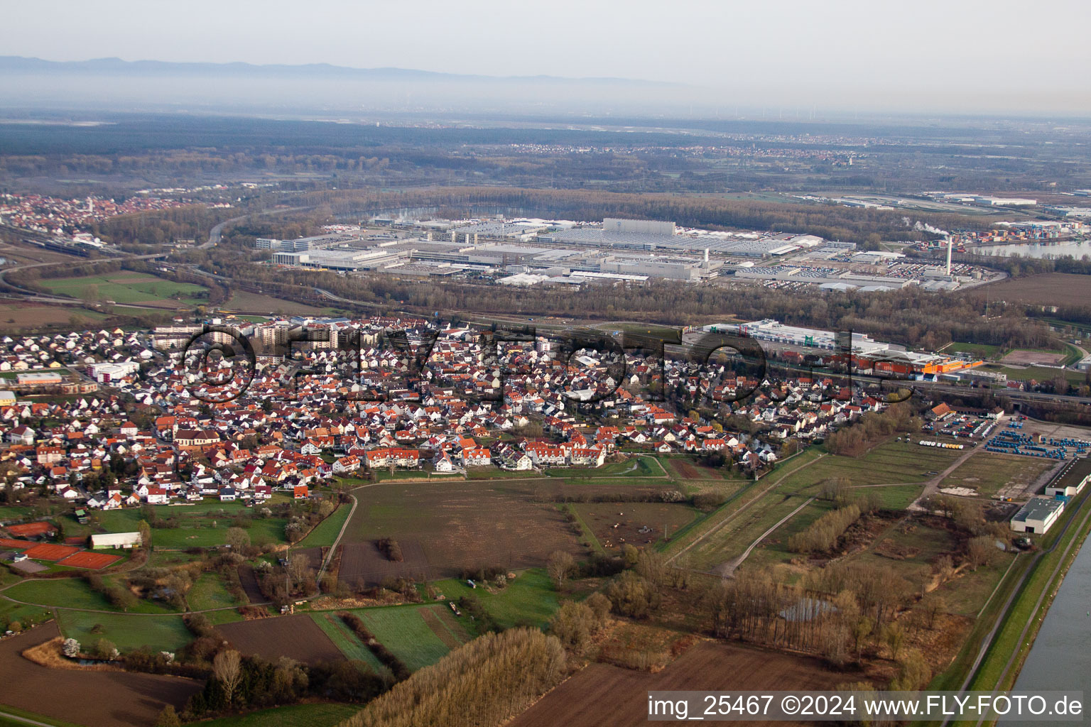 Vue aérienne de Du sud-est à le quartier Maximiliansau in Wörth am Rhein dans le département Rhénanie-Palatinat, Allemagne