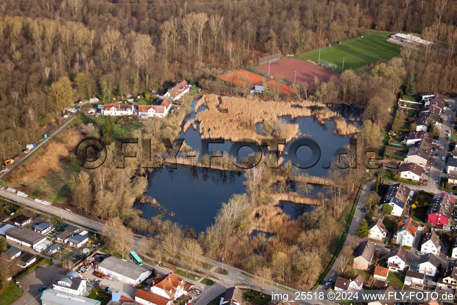 Vue aérienne de Biotopes sur le chemin forestier à le quartier Neuburgweier in Rheinstetten dans le département Bade-Wurtemberg, Allemagne