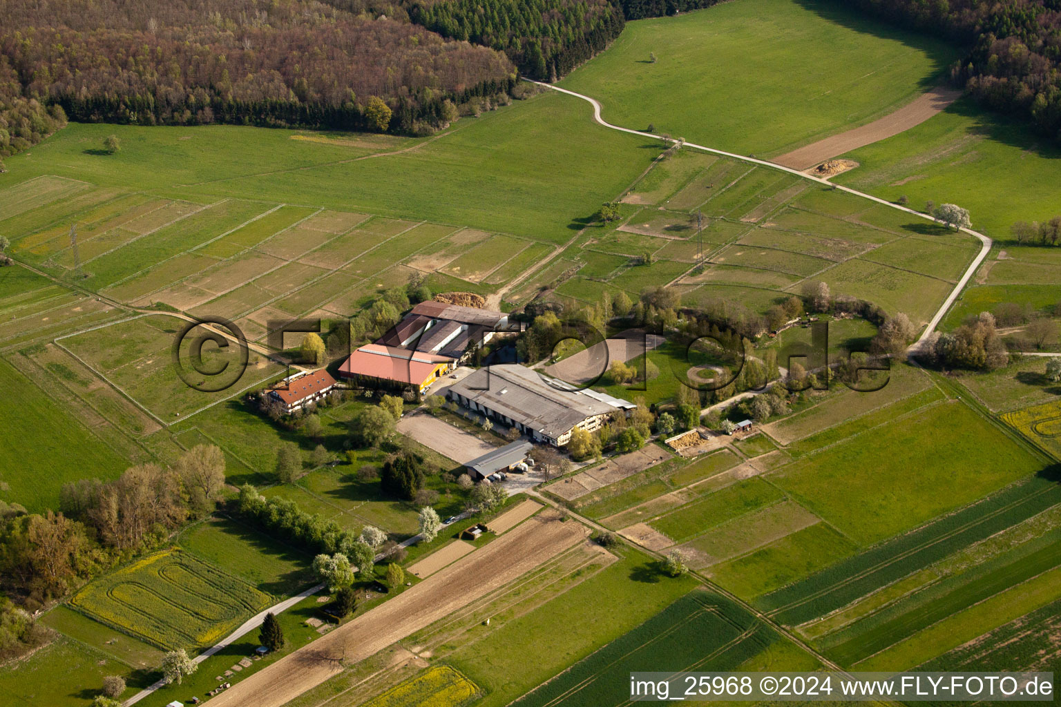 Vue aérienne de AG Protection des Animaux Chevaux & Co à le quartier Wöschbach in Pfinztal dans le département Bade-Wurtemberg, Allemagne