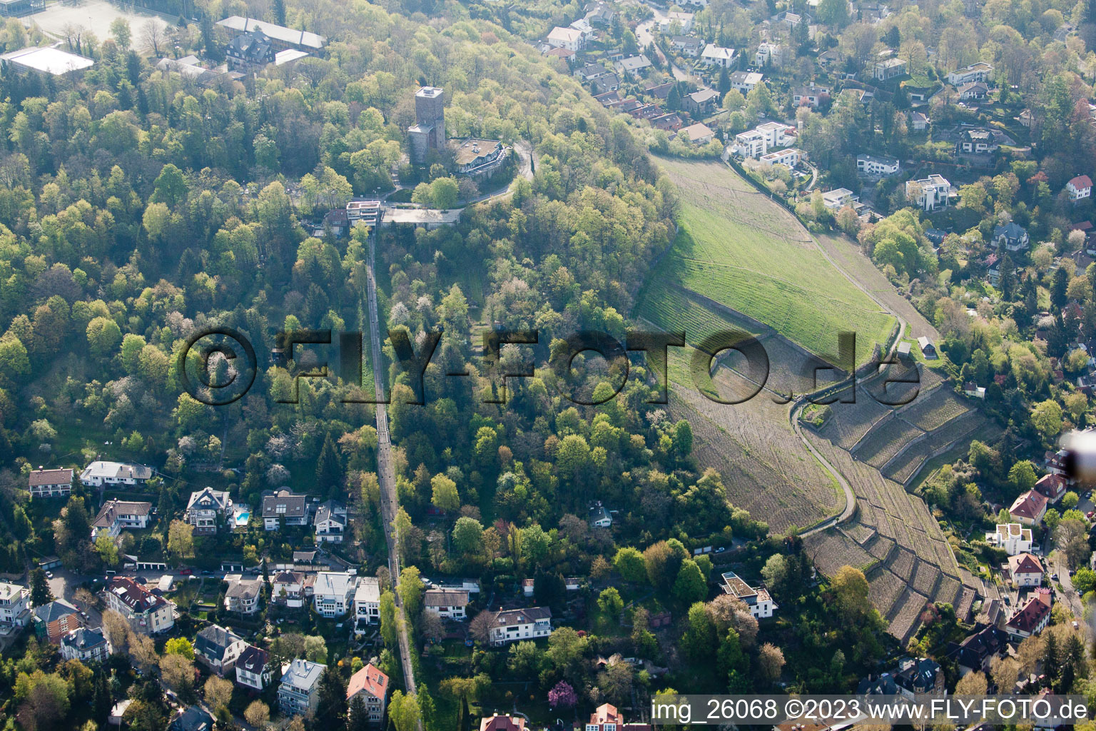 Vue aérienne de Chemin de fer de montagne du Turmberg à le quartier Durlach in Karlsruhe dans le département Bade-Wurtemberg, Allemagne