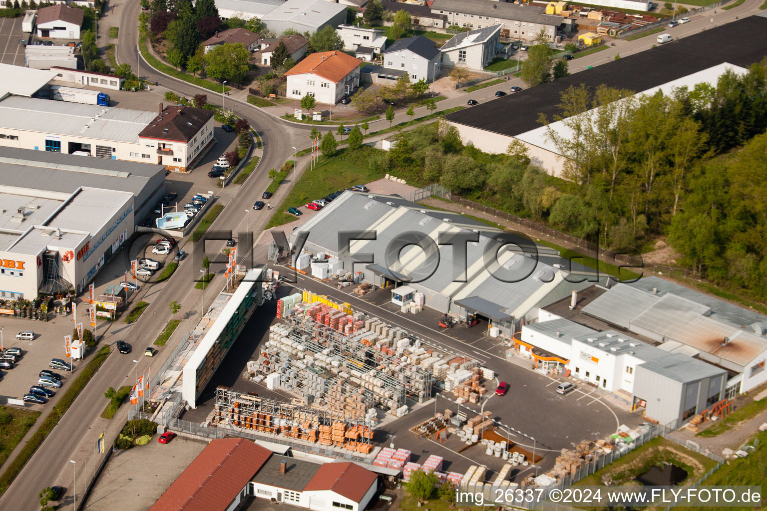 Photographie aérienne de Minderlachen, commerce de matériaux de construction UNION à le quartier Minderslachen in Kandel dans le département Rhénanie-Palatinat, Allemagne