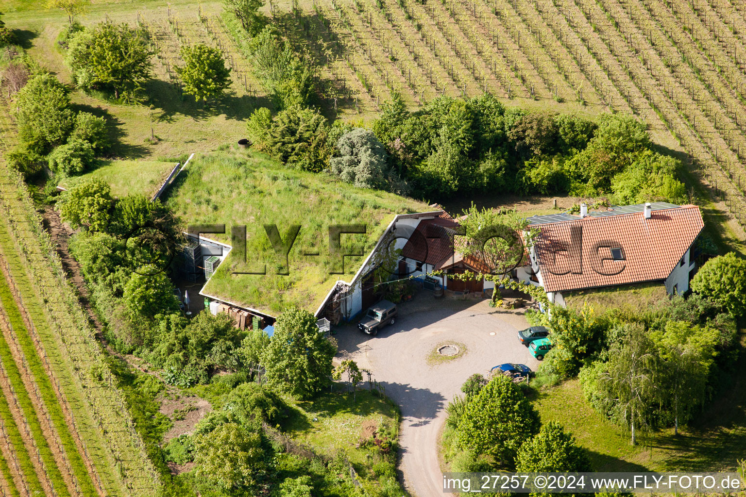 Vue aérienne de BiolandViticulture Unterm Grassdach Domaine Marzolph à le quartier Wollmesheim in Landau in der Pfalz dans le département Rhénanie-Palatinat, Allemagne