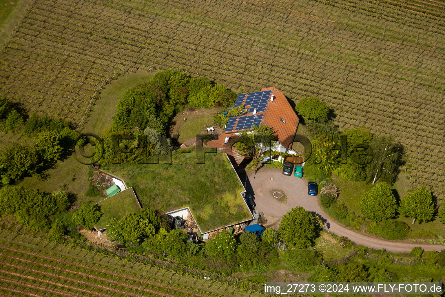 Vue aérienne de BiolandViticulture Unterm Grassdach Domaine Marzolph à le quartier Wollmesheim in Landau in der Pfalz dans le département Rhénanie-Palatinat, Allemagne