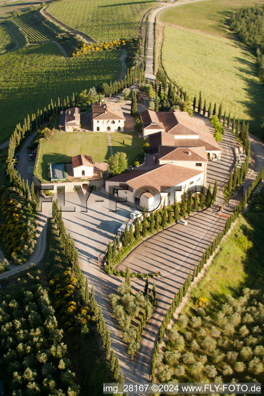 Vue aérienne de Ferme avec des allées de cyprès à Caparzo à Montalcino dans le département Siena, Italie