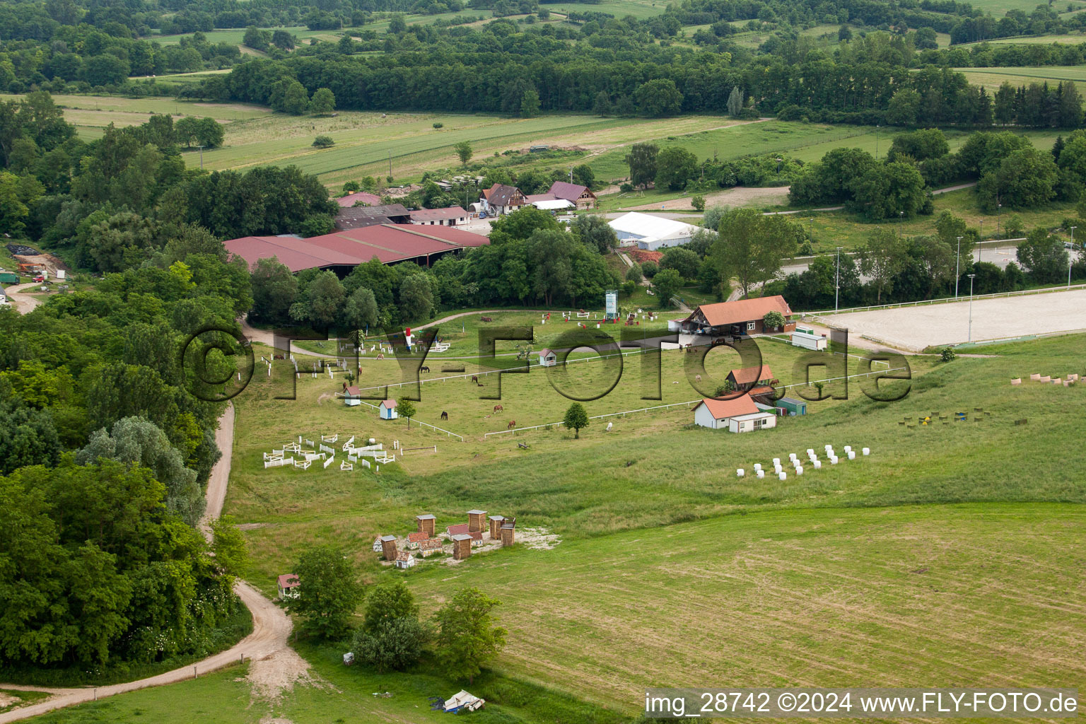 Haras de la Née à Neewiller-près-Lauterbourg dans le département Bas Rhin, France du point de vue du drone