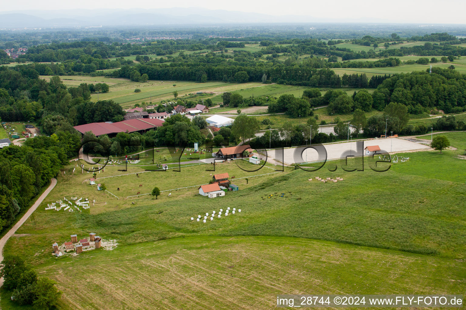 Haras de la Née à Neewiller-près-Lauterbourg dans le département Bas Rhin, France vu d'un drone