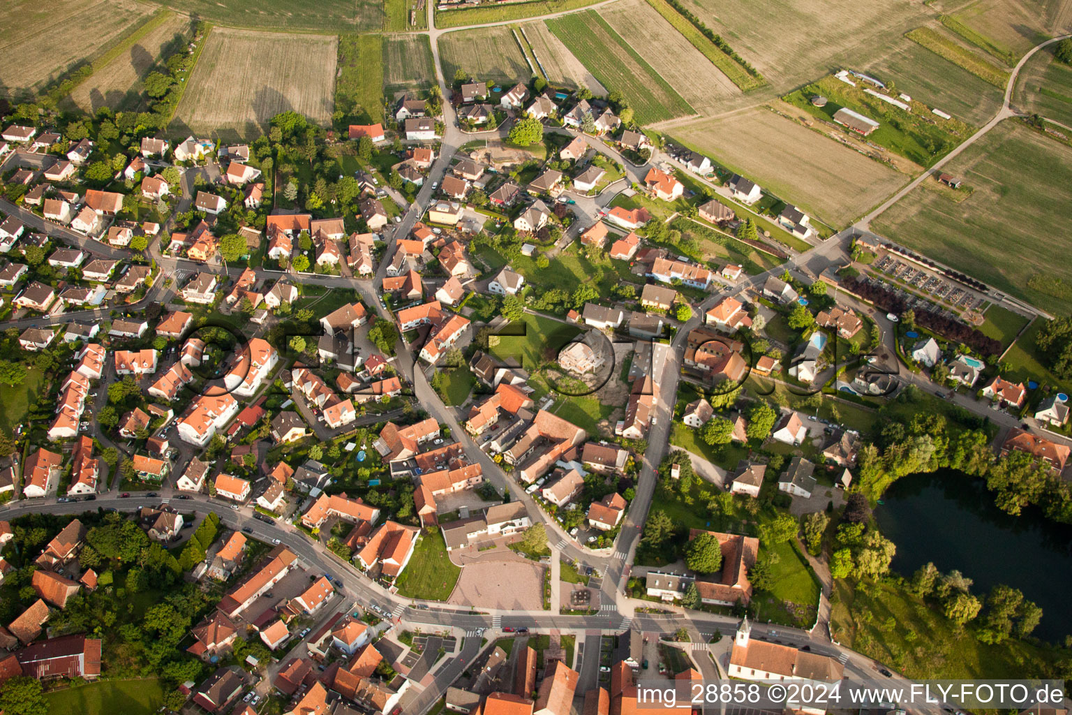 Vue aérienne de Champs agricoles et surfaces utilisables à Gambsheim dans le département Bas Rhin, France