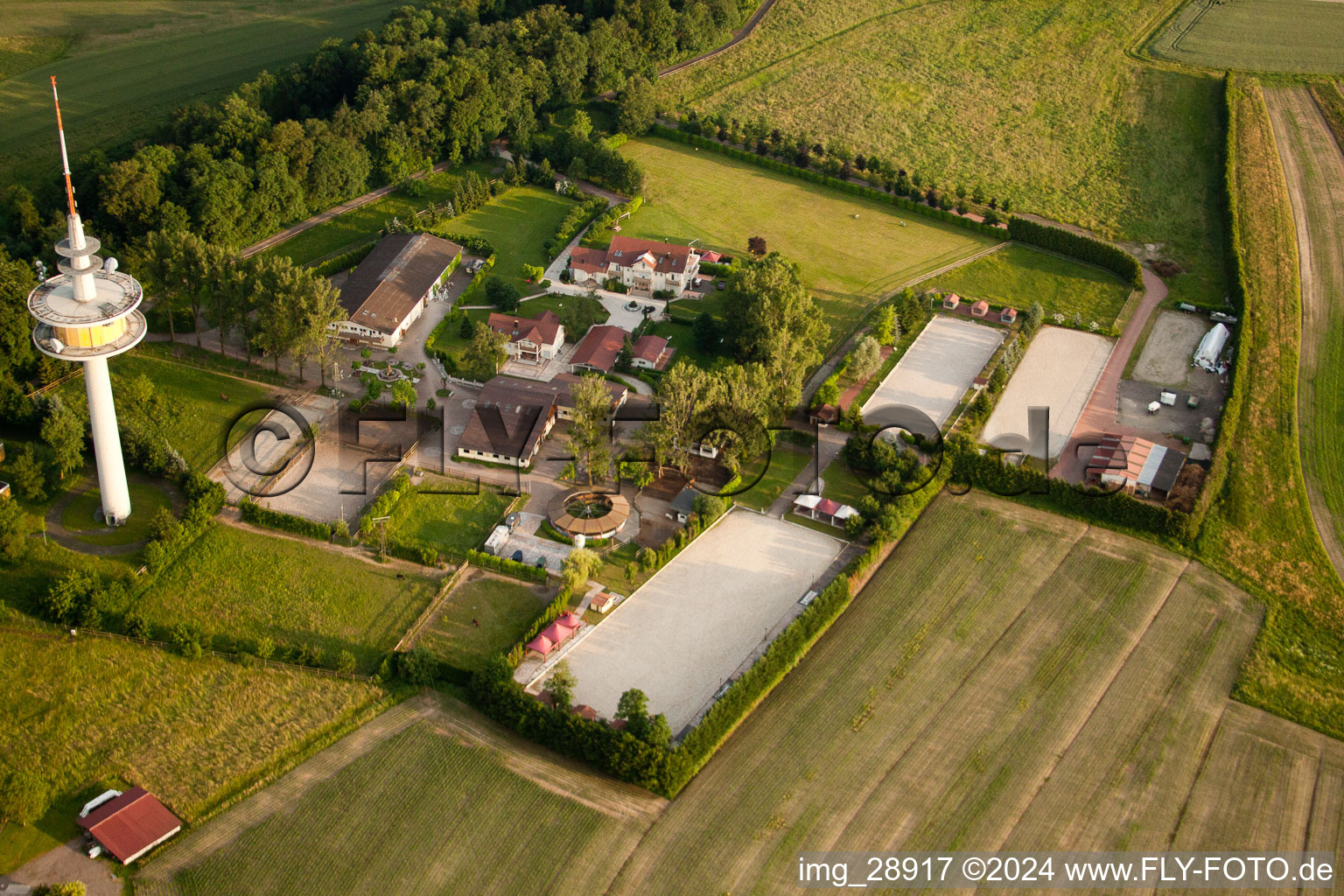 Vue aérienne de Kaiserhof Stud et mât de diffusion à le quartier Legelshurst in Willstätt dans le département Bade-Wurtemberg, Allemagne