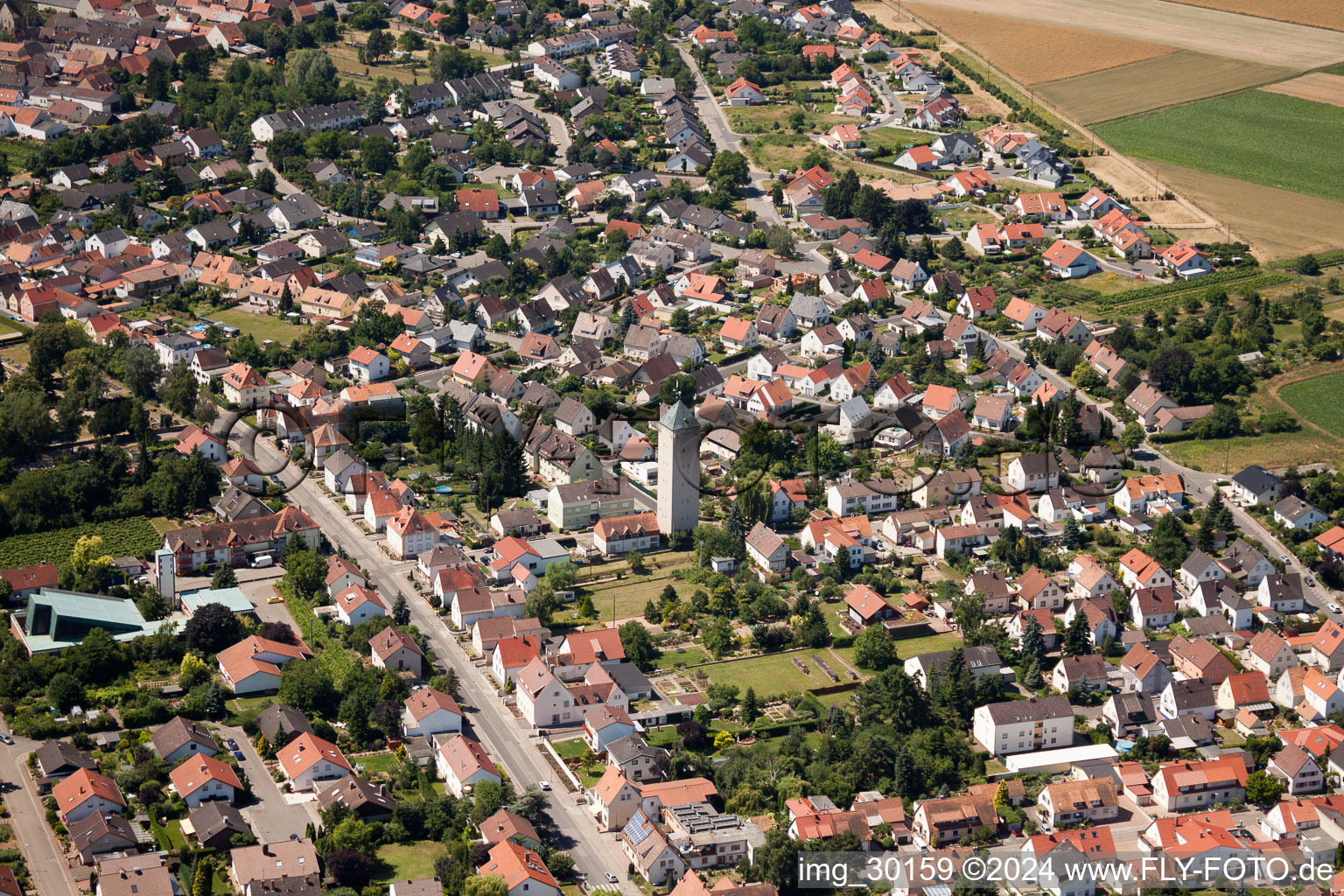 Vue aérienne de Clocher de l'église et toit de la tour à Heilig Kreuz-Speyerdorf à le quartier Lachen in Neustadt an der Weinstraße dans le département Rhénanie-Palatinat, Allemagne