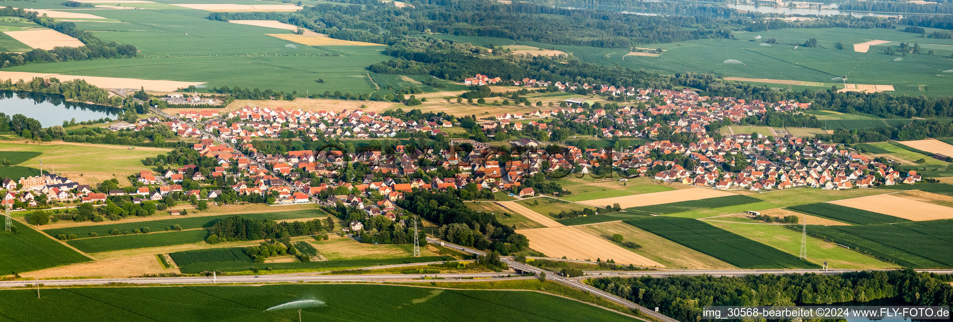 Vue aérienne de Panorama - champs agricoles et terres agricoles en perspective à Rountzenheim dans le département Bas Rhin, France