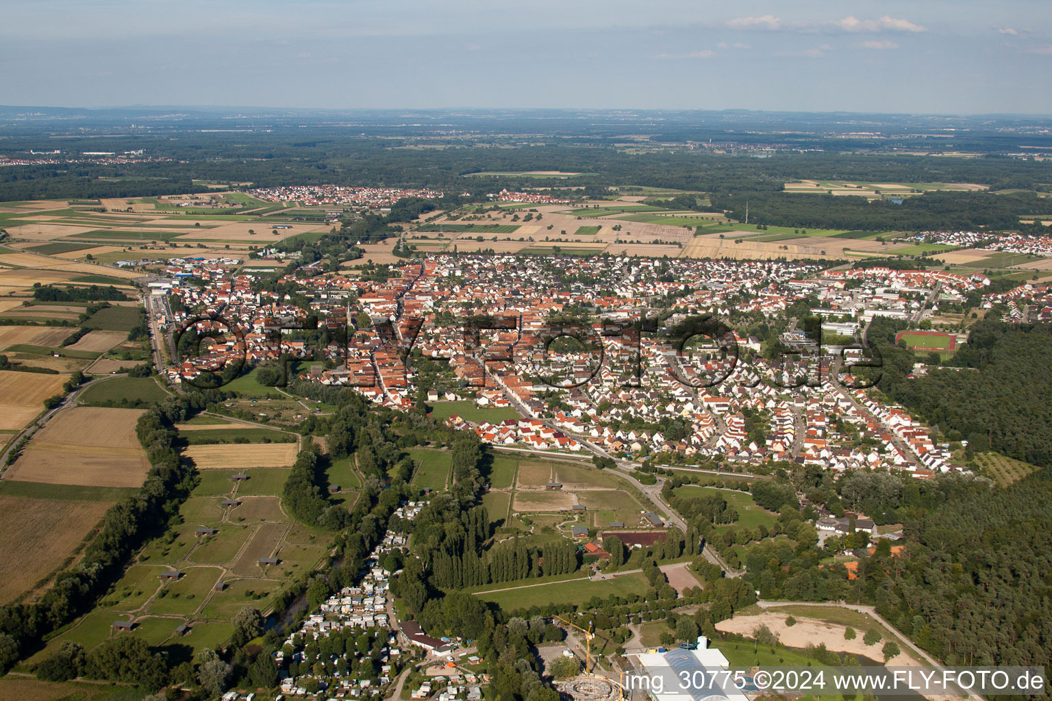 Vue aérienne de Champs agricoles et surfaces utilisables à Rülzheim dans le département Rhénanie-Palatinat, Allemagne