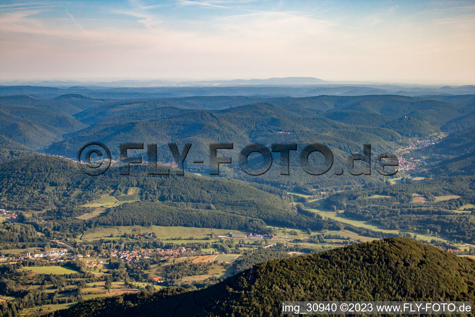 Vue aérienne de Vue sur le Donnersberg à le quartier Queichhambach in Annweiler am Trifels dans le département Rhénanie-Palatinat, Allemagne