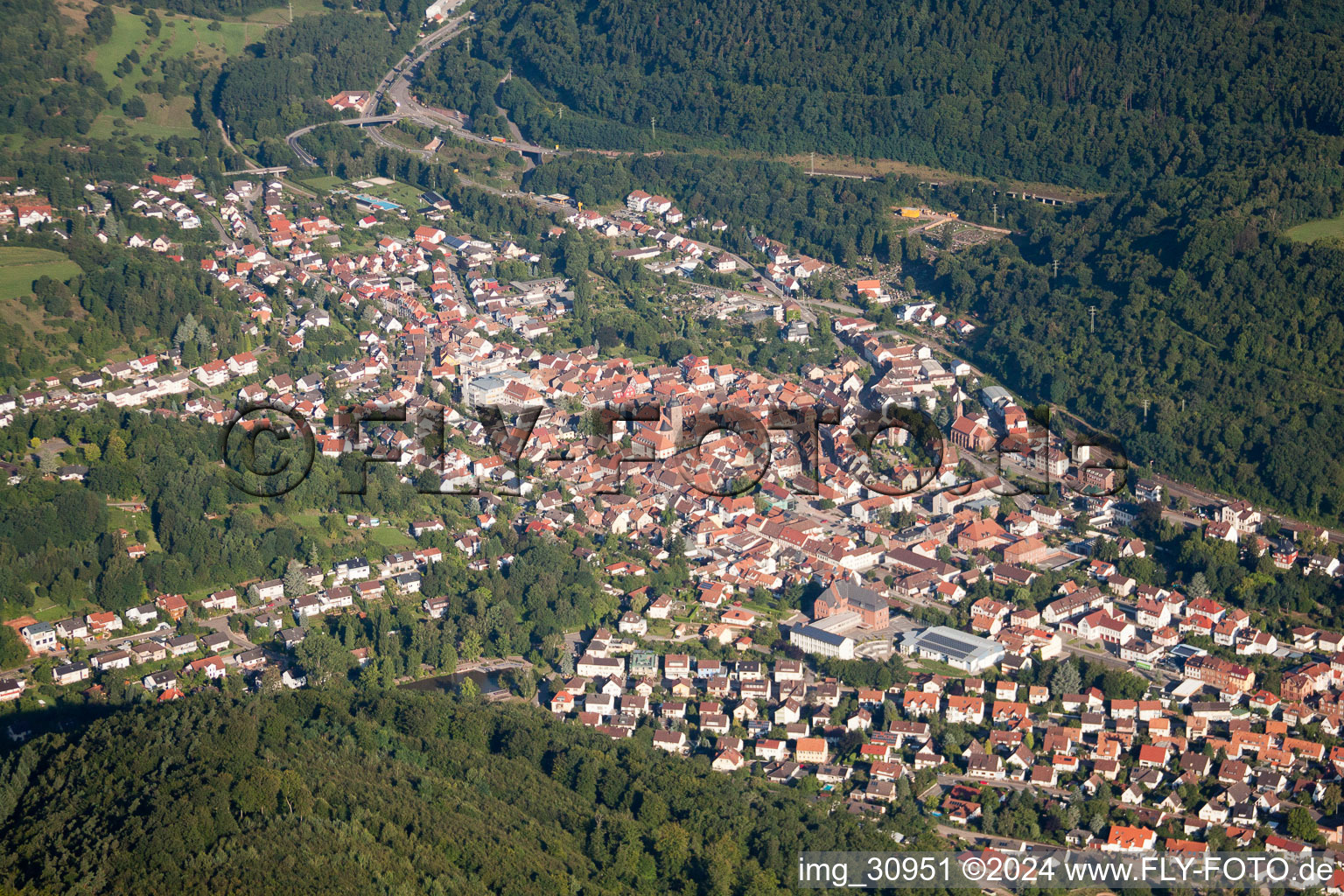 Vue aérienne de Vue des rues et des maisons des quartiers résidentiels à Annweiler am Trifels dans le département Rhénanie-Palatinat, Allemagne