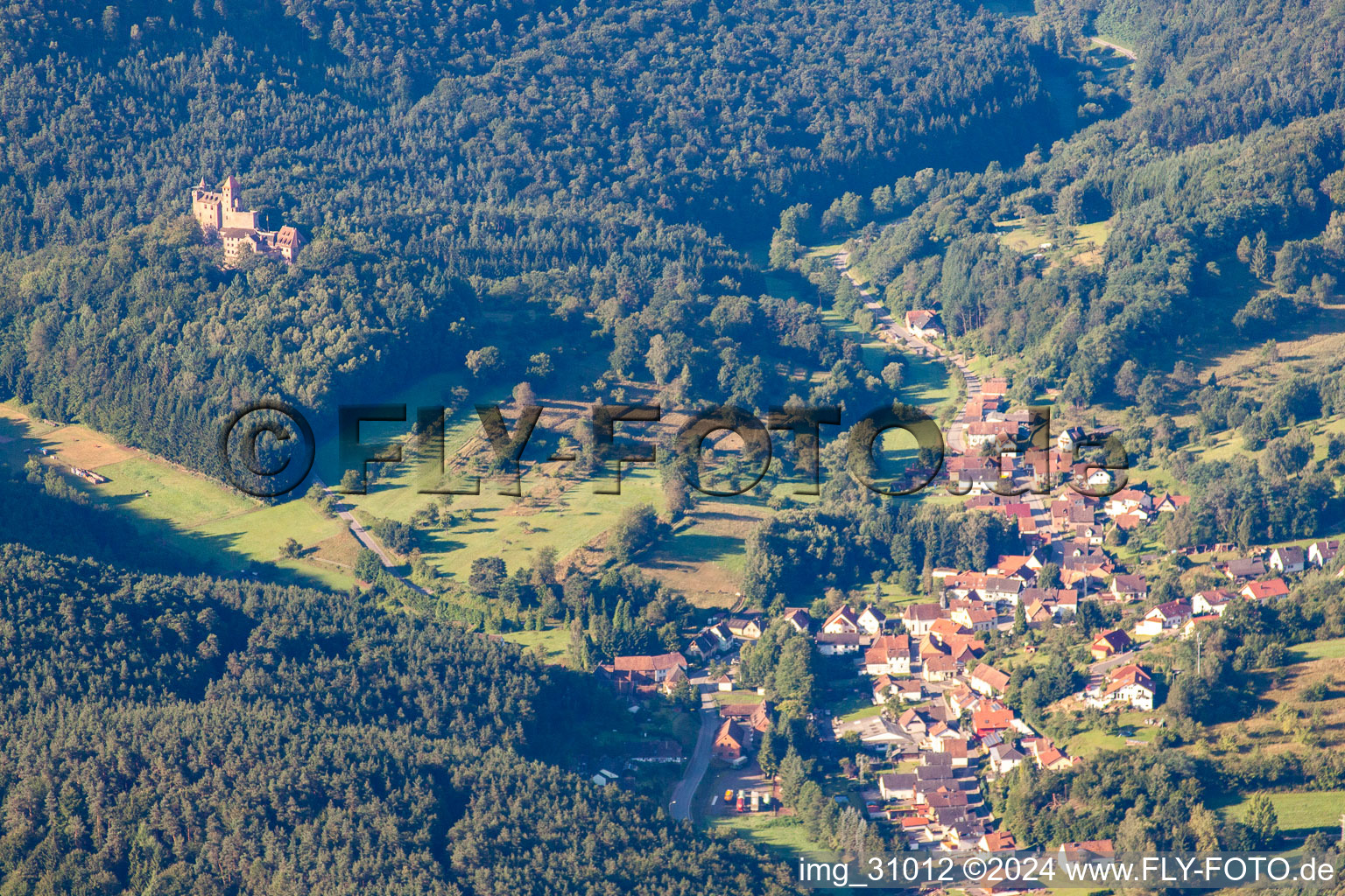 Vue aérienne de Château de Berwartstein à Erlenbach bei Dahn dans le département Rhénanie-Palatinat, Allemagne