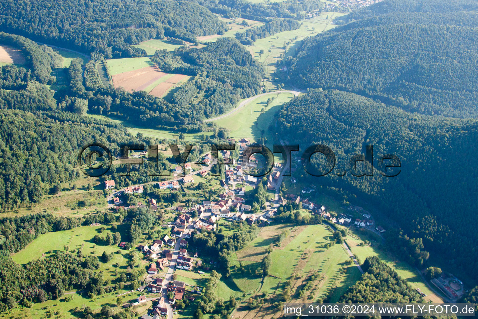 Vue aérienne de Erlenbach du sud à Erlenbach bei Dahn dans le département Rhénanie-Palatinat, Allemagne