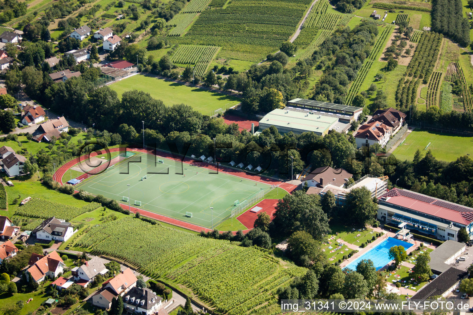 Vue aérienne de École de sport du sud de Baden, FC Neuweier à le quartier Steinbach in Baden-Baden dans le département Bade-Wurtemberg, Allemagne