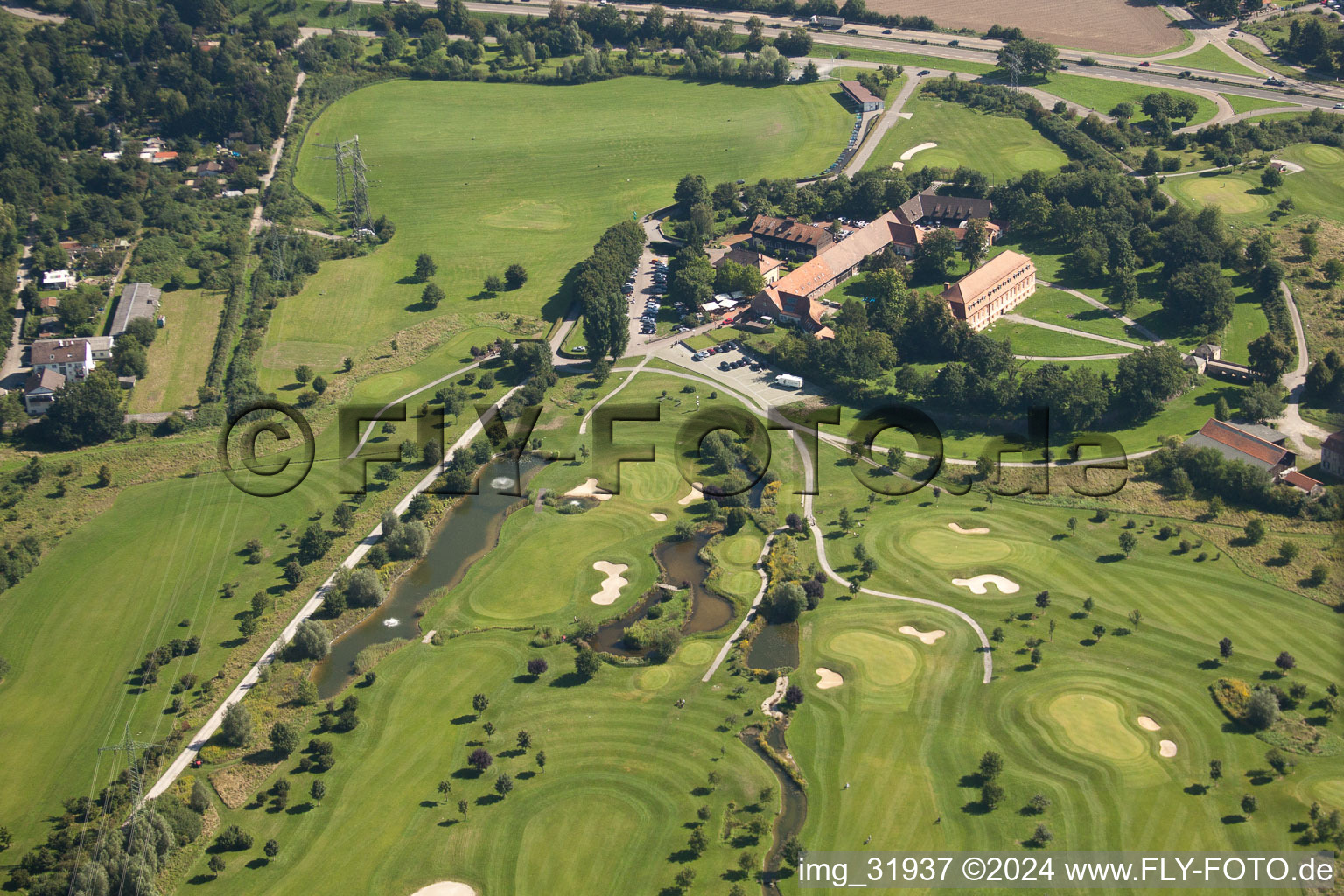 Vue aérienne de Terrain de golf KA Hofgut Scheibenhardt à le quartier Beiertheim-Bulach in Karlsruhe dans le département Bade-Wurtemberg, Allemagne