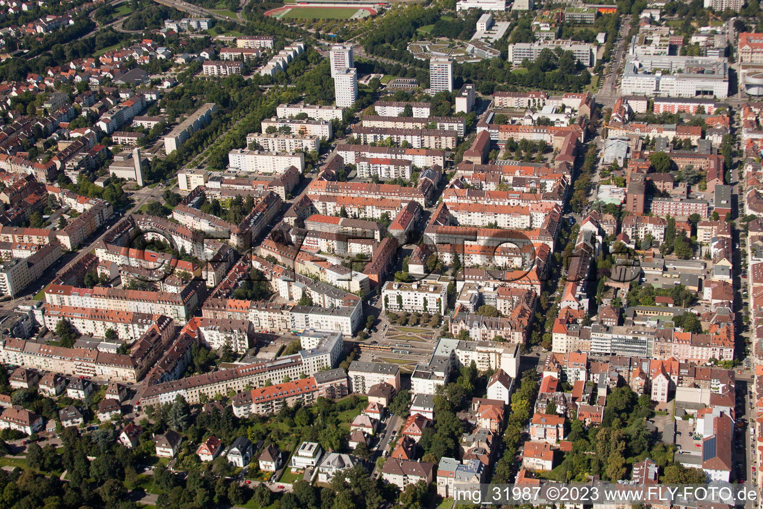 Vue oblique de Quartier Südweststadt in Karlsruhe dans le département Bade-Wurtemberg, Allemagne